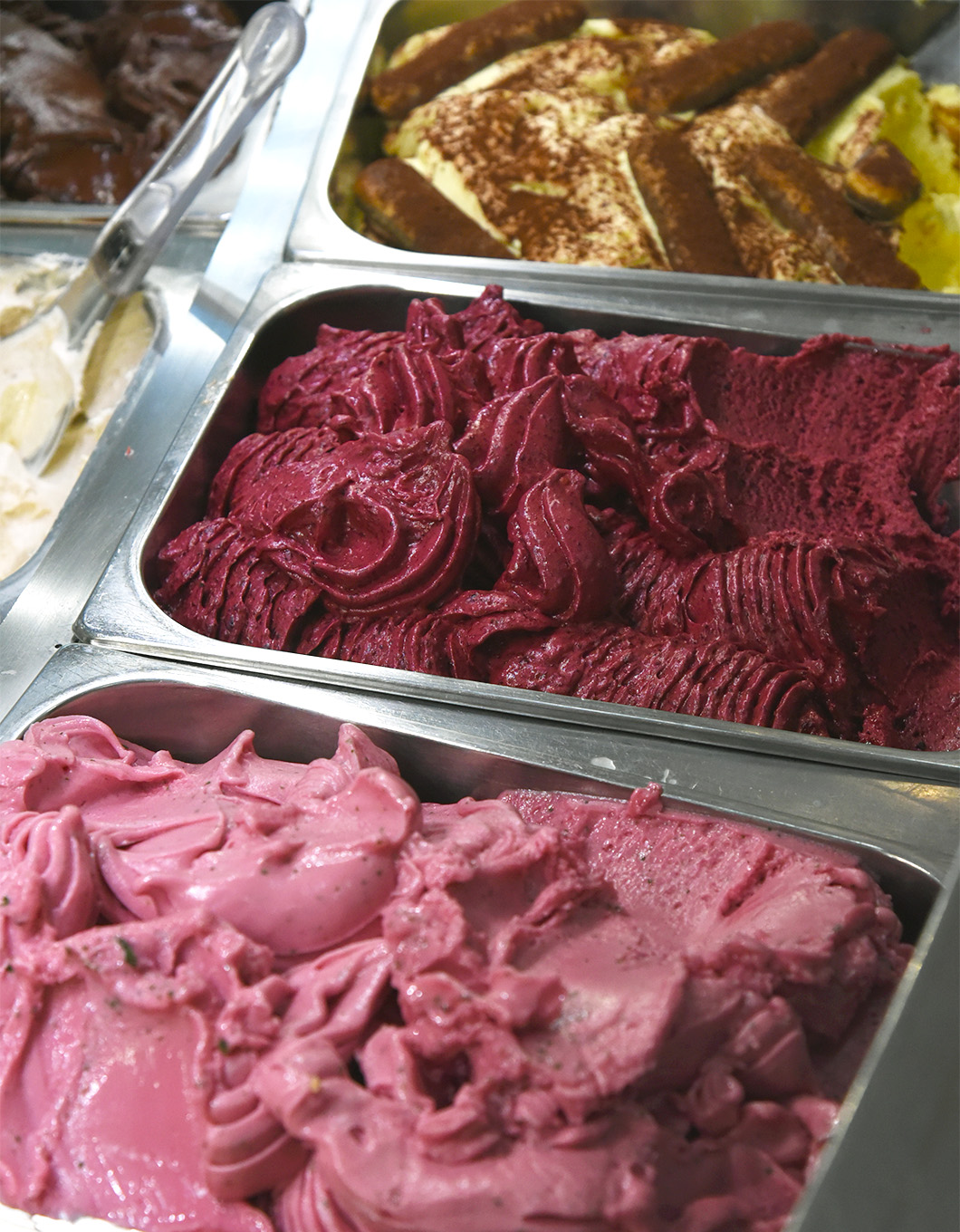 Display of red fruit flavours at the gelateria B.ICE in Florence