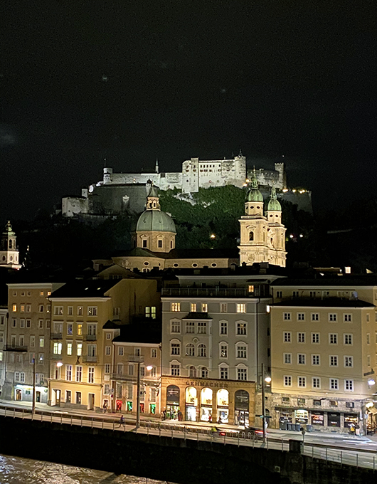 View of the city of Salzburg at night 